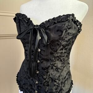 Hot Topic Black Brocade Lace Up Corset Top Ruffle Trim Goth Victorian Medium